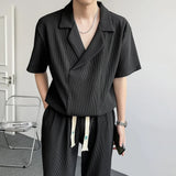 Riolio Summer Pleated Sets Men Fashion Casual Short Sleeved T shirt/Trousers Two-piece Mens Korean Loose Ice Silk Sets Men 3-color