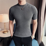 Riolio Summer Knitted Elasticity T Shirt Men Half High Collar Short Sleeve Casual Slim Fit Sweater Tops Tees Social Club T-Shirt