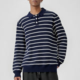 Riolio New American Trendy Men Polo Neck Sweaters Light Luxury Striped Knit Long Sleeve Pullover Tops High Quality Loose Knitwear M-3XL