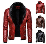 Riolio Red Men's Punk Removable Fur Collar Rivets Pressed Cotton Thick Windproof Motorcycle Leather Jacket Jacket