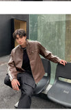 Riolio Retro Leather Jacket Men Women  American Patchwork Strip Racing Outerwear Loose Hip Hop Zippers Brown PU Coat Streetwear Spring