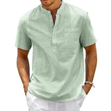Riolio Cotton Linen Shirt Men Henley Neck Pocket Casual Beach Short Sleeve Solid Color Male Tops T-shirts Vintage Streetwear