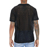 Riolio Men's Short-Sleeve Hollow-Out Lace Shirt Single Breasted Lapel Perspective  Shirt Top