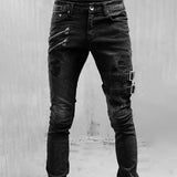 Riolio  Men's Retro Moto Biker Straight Elastic Jeans Zipper Distress Hole Punk Skinny Denim Cargo Pants Streetwear Y2K Hombre Trousers