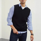 Riolio New Popular Preppy Style Men Sweater Vest Casual Knitted Streetwear Solid Color V Neck Waistcoat Leisure High Quality Knitwear
