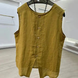 Riolio Cotton and Linen Round Neck Summer Thin Loose Literary Versatile Shirt Sleeveless Top Small Vest
