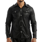 Riolio Men's Leather Shirts Fashion PU Leather T-shirt Long Sleeve