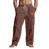 Riolio  Men's Linen Cotton Cargo Pants Drawstring Waist Wide Leg Casual Summer Beach Trousers with Pockets