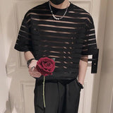 Riolio  Korean New Men's Clothing Fashion Hollow Out Striped Tops Man Comfortable Breathable Lace Thin Style T-shirt