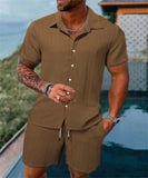 Riolio New style Summer Men's Fashion Beach Suit Outdoor Sports Casual Shirt Solid color Loose Short Sleeve Shorts Beach two-piece