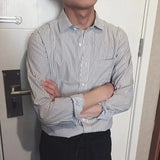 Riolio  New Korean Style Slim Striped Long-sleeved Shirt for Men Hong Kong Style Casual Retro Square Collar Loose Large Size Men's Shirt