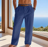 Riolio  Solid Color Pleated Linen Suit Pants For Men Elastic High Waist Straight Wide Leg Trousers Summer Office Casual Beach trousers