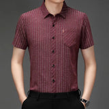 Riolio  Summer Men's Short Sleeve Silk Casual Wrinkle Free Striped Thin Shirt for Middle Aged