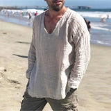 Riolio Men V-neck Long Sleeve Shirt Tops Burr Edge Pleated Loose Thin Pullover Tops Streetwear Spring Autumn Casual Handsome Men Shirts