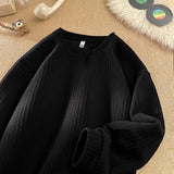 Riolio  Men Textured V Neck Long Sleeve T-Shirt Fleece Lined Warm Casual Loose Basic Undershirt Tops