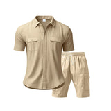 Riolio New Men's Suit Short Sleeve Shorts Two-Piece Set Summer Solid Color Multi-Pocket Workwear Style Sports Casual Loose Shirt Set