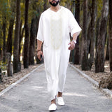 Muslim Men's Robe Arab National Loose Casual V-Neck Mid Sleeve Retro Muslim Men's Jumpsuit Summer M-4XL