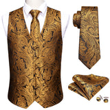 Riolio 4PC Mens Extra Silk Vest Party Wedding Gold Paisley Solid Floral Waistcoat Vest Pocket Square Tie Suit Set