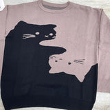 Riolio  Autumn/Winter New Color-Block Cat-Print Knit Sweater for Women - Loose and Casual Style Student Pullover