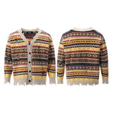 Riolio Retro Rainbow Striped Cardigan Sweater Men's Autumn New Trendy Su Outwear Y2k Knitwears Oversize Raw Edges Frayed Sweatercoat