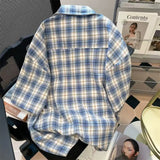 Riolio Men and women trendy retro checkered short sleeved embroidered shirt American summer couple loose casual short sleeved shirt Y2K