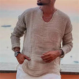 Riolio  Spring Summer Fashion Men Cotton Linen T-shirts Vintage Solid Casual Loose Oversized Tees Tops V-neck Long Sleeve T-Shirts Man