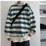 Riolio M-8XL Unisex Sweatshirts Oversized Loose Round Neck Sweatershirt Men and Women Fashion Japanese Contrast Stripe Sweater