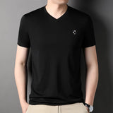 Riolio Silk V-Ne ort Sve T-irt Men's Pure Color Summer Ice Silk Feel High End Dad Clothes Faion Urban Busin Casual