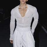 Riolio  Mens T-Shirts Shiny Glitter Sexy See-Through T-Shirts Streetwear Nightclub Stage Performance Fashion Long-Sleeve Tops Men'S Wear