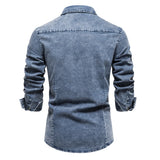 Riolio  Cotton Men Denim Shirts Double Pocket Solid Color Casual Male Cowboy Shirts New Autumn Slim Quality Shirts for Men