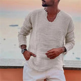 Riolio  Spring Summer Fashion Men Cotton Linen T-shirts Vintage Solid Casual Loose Oversized Tees Tops V-neck Long Sleeve T-Shirts Man