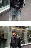 Riolio Retro Leather Jacket Men Women  American Patchwork Strip Racing Outerwear Loose Hip Hop Zippers Brown PU Coat Streetwear Spring