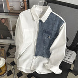 Riolio  Daily Streetwear Mens Denim Patchwork Shirt Clothes Fashion Turn-down Collar Long Sleeve Button Shirts For Men Fall Casual Tops