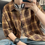 Riolio Casual Plaid Short Sleeve Shirt For Men Summer Japanese Vintage Loose Fit American Style Trendy Brand Jacket
