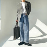 Riolio Minimalist Style High-end Jeans Men's Trousers Solid Color Loose Straight Denim Pants Male Draped Dark Blue Trousers