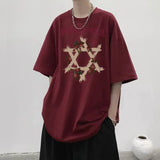 Riolio  American Retro Boyfriend Summer Pullover O-Neck Patchwork Printing Letter Loose Fashion Casual Short Sleeve T-Shirts Tops