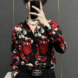 Riolio  New Retro Printed Long-sleeved Shirt Men Trendy Cardigan Korean Top