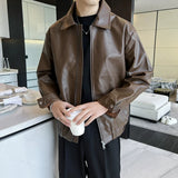 Riolio  New Autumn Men's Casual Textured PU Jacket High Street Zip-up Turn-down Collar Solid Color Long Sleeve Retro Coats M-3XL
