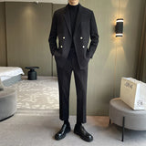 Riolio  Thickened Woolen Men's Casual Suit Two-Piece Set Loose Fit Double Breasted Autumn Winter Fashion City Style Side Slit Opening