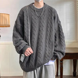 Riolio Solid Colour Ribbed Twist Pattern Round Neck Pullover Sweater Men Women Autumn Winter Couple Loose Knitted Woolen Top Warm Soft