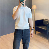 Riolio  Knitted Short-sleeved T-shirt Men's Solid Color Stripe Summer Casual Half-sleeved Round Neck Heavyweight Bottoming Shirt