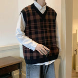Riolio Sweater Vest Men Streetwear Designer Plaid All-match Casual Handsome Knitting Japanese Stylish Retro Baggy Students Unisex Chic