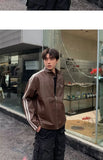 Riolio Retro Leather Jacket Men Women  American Patchwork Strip Racing Outerwear Loose Hip Hop Zippers Brown PU Coat Streetwear Spring