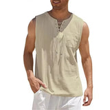 Riolio  Cotton Linen Shirts For Men Casual Solid Color Vest Lace Up Sleeveless Shirts V-Neck Tank Tops Baggy Shirt Male Lightweight Tees