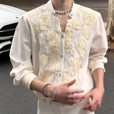 Riolio  Mens Rose Embroidery Court Casual Shirt Autumn Streetwear Fashion Niche Youth Versatile Long-Sleeve Top Men'S Clothing New