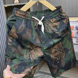 Riolio  Camouflage Tiger Pattern Men Fashionable Breathable Dark Green Waist Drawstring Beach Shorts