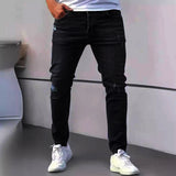 Riolio  Men's American Retro Hole-Punched Stretch Slim Fit Jeans Zipper Casual Streetwear Denim Pants Classic Black Blue Skinny Trousers