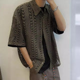 Riolio Summer American Style Vintage Distressed Versatile Military Green Knit Hollow Breathable Loose-fit Casual Short Sleeve Shirt Men