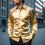 Riolio Sexy Men's Satin Silk Shirts And Blouses Solid Color Slim Fit Party Long Sleeve Social Shirt Man Clothing