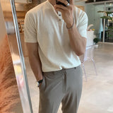 Riolio New Fashion Korean Style Men T-shirt Light Luxury Knitted Henry Collar Tops Casual Solid Color Short Sleeve Breathable Knitwear